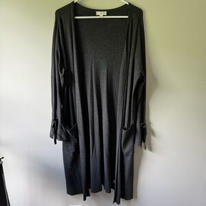 Kim Gravel Long Open Cardigan Charcoal Gray Grommet‎ Tie Sleeve Detail